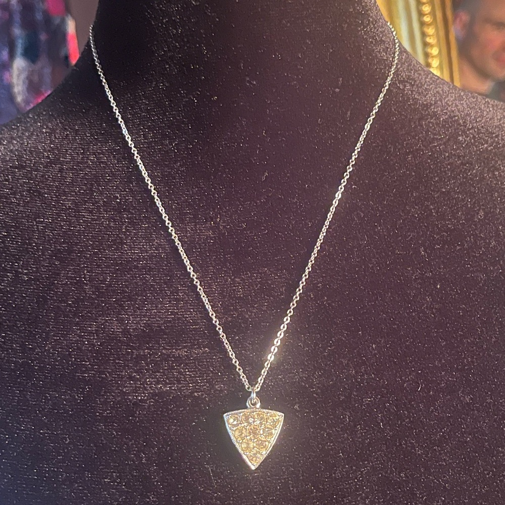 Vintage Sarah Coventry Silver Tone Triangle Pendant Necklace Rhinestones
